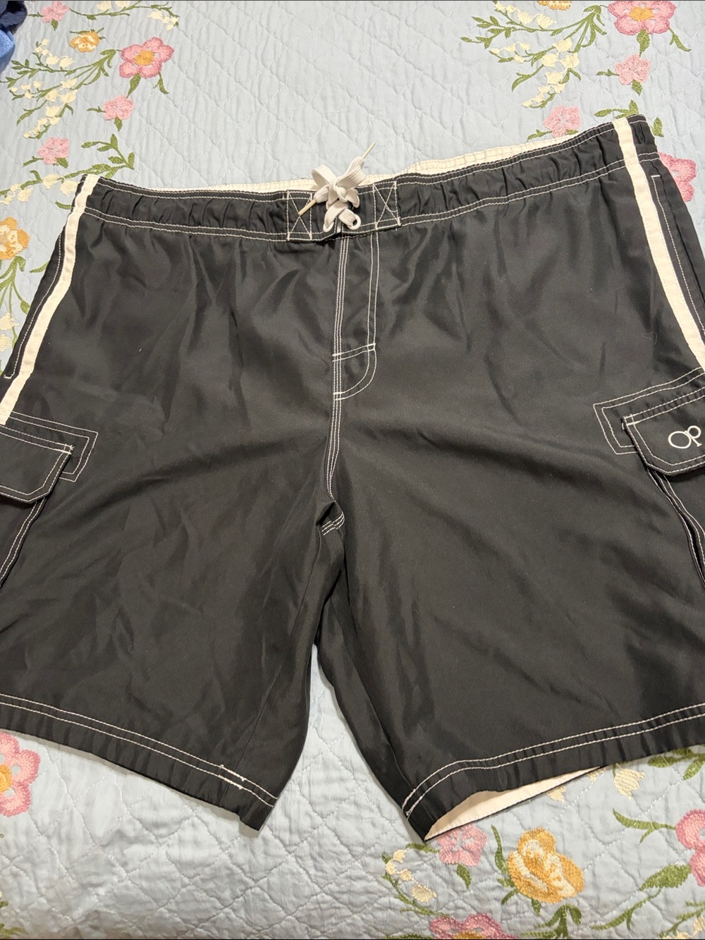 Ocean Pacific OP Men's Black Swim Board Shorts Cream Trim PreOwned Size 2XL